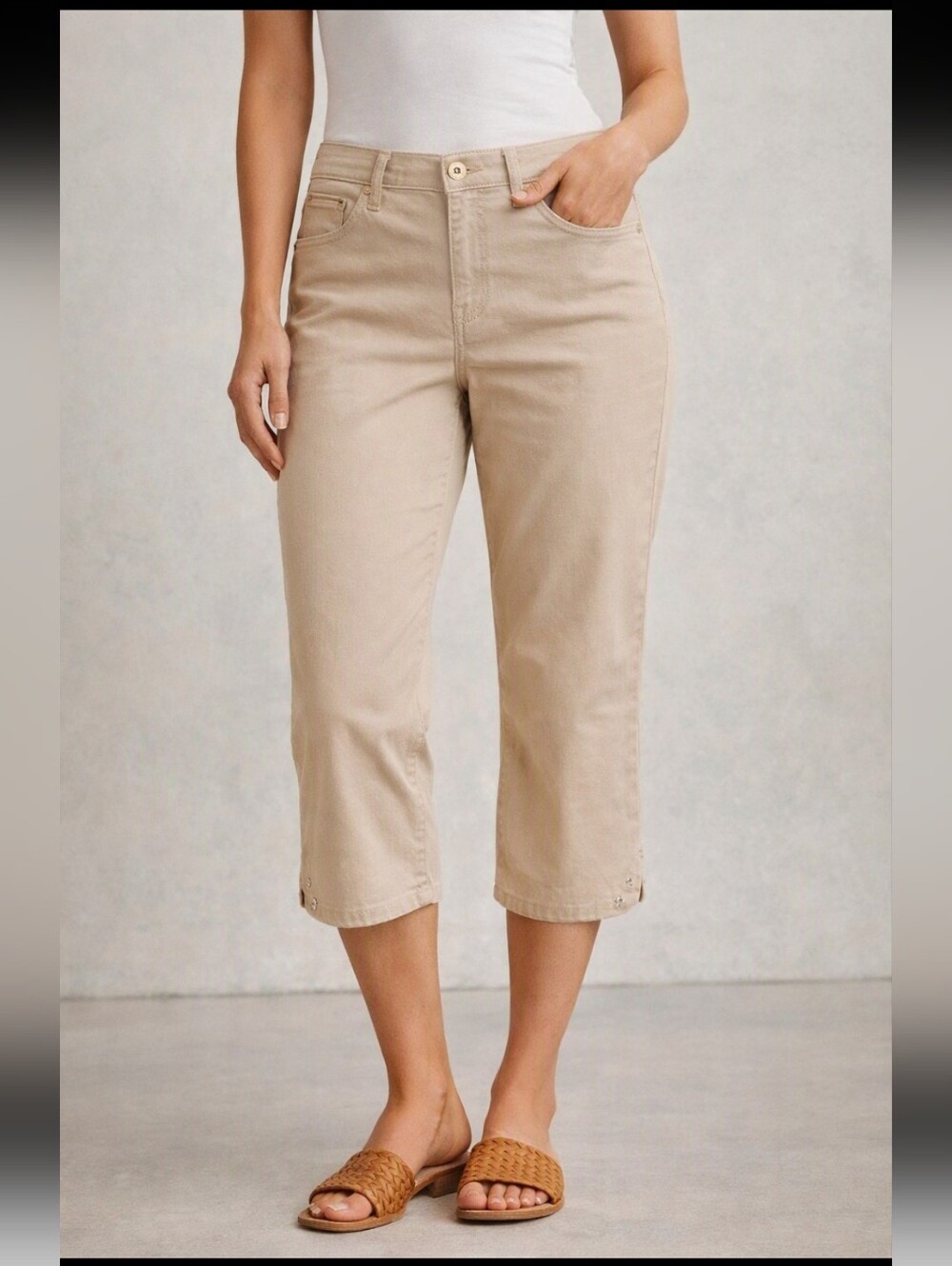 BANDOLINOBLU MANDIE CAPRI RHINESTONE TRIM CAPRI PANTS, LIGHT TAN 10